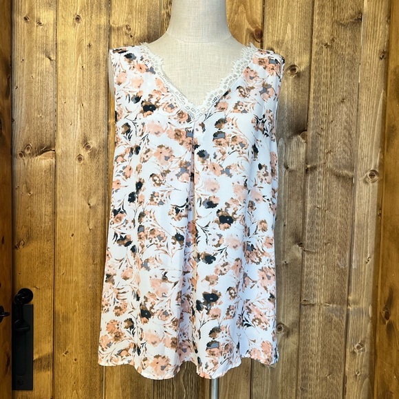 Pleione Large Floral Sleeveless Blouse Lace Silky Tank Shirt Romantic Feminine - Picture 6 of 9